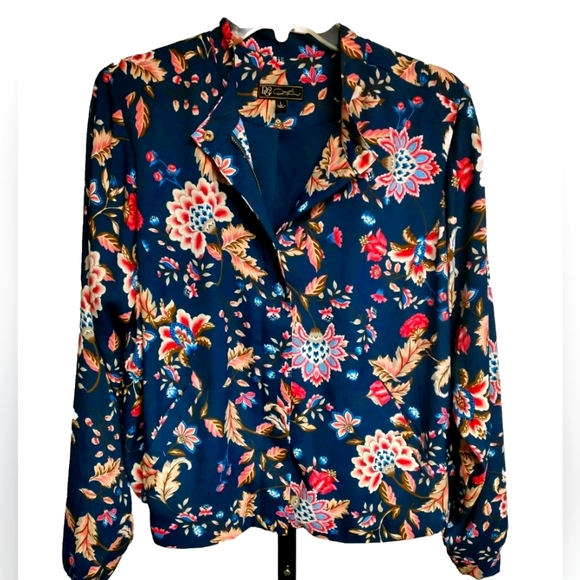 DG2 Navy Floral Bomber Jacket Zip Front Long Sleeve Size L - Picture 1 of 6